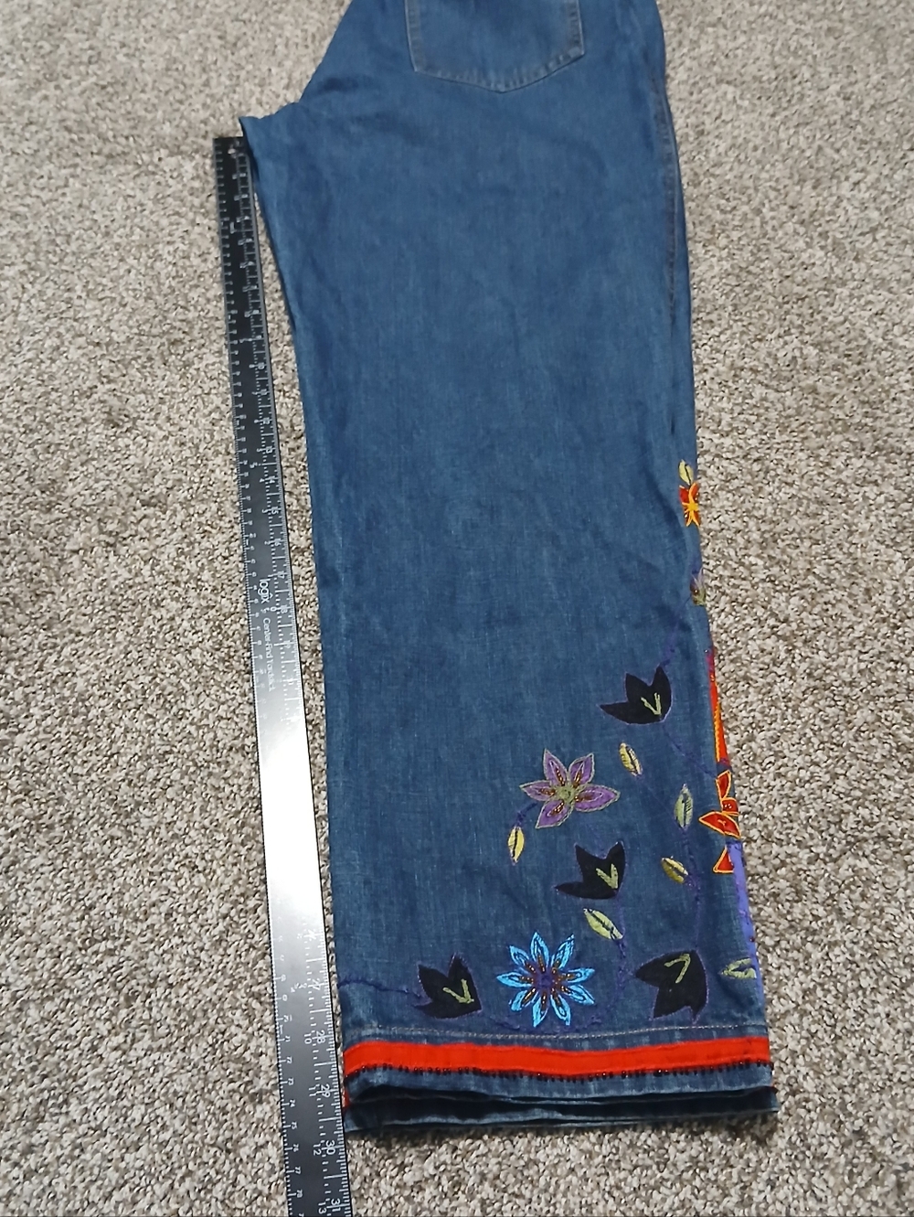 Chico's 100% Cotton Embroidered Wide Leg Denim Jeans - Multicolor Floral Detail - Picture 9 of 16